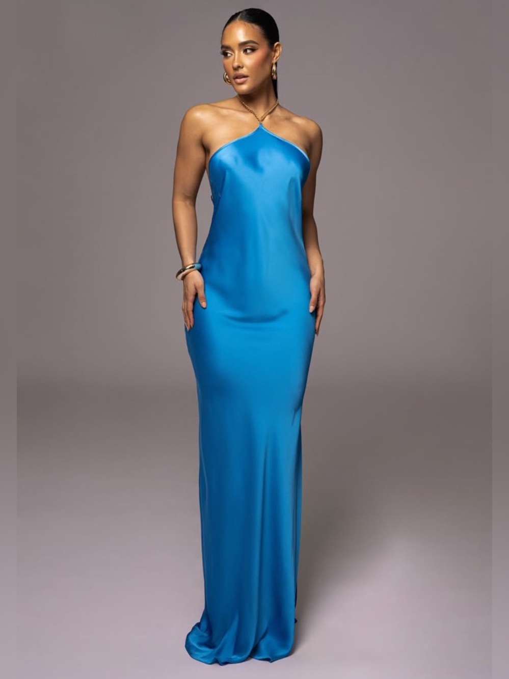 Luxxel Women’s Blue Halter Maxi Dress Size Small Sleeveless Bodycon Formal